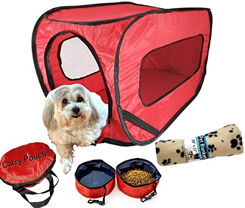 Happy Pet Travel Time Pop Up Pet Kennel Set. Be Prepared Collapsible Pet Condo in Zipper Pouch. Plus Foldable Food Water Bowls, Fleece Blanket, Crate Training E-Book. Dogs, Cats, Bunnies to 20 lbs.