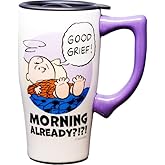 Spoontiques Peanuts Good Grief Ceramic Travel Coffee Mug with Lid and Handle - Spill Proof Lid - Double Walled Mug for Hot and Cold Beverages - Microwave and Dishwasher Safe