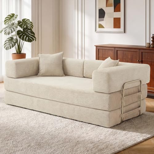 200cm Modulares Sofa, aus Hochwertiges Cord mit Hochdichter Schaumstoff, 5-in-1 Umwandelbares Vielseitig 3-Sitzer Schlafsofa für das Wohnung, Weiß