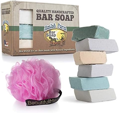 Handmade Bar Soap With Natural Ingredients by Amish Farms 1988 - Cold Pressed, Carcinogen Free, 6 Ounce Bars - 6 Bar Box + Luxurious Loofah by BeautifulMe
