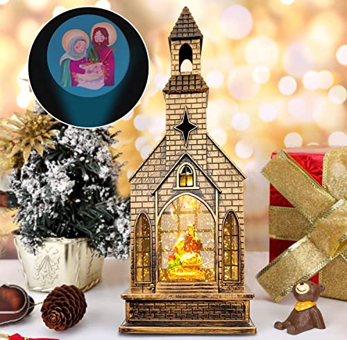 Christmas Snow Globes Lighted Water Lantern Glittering with Music, Battery Operated&USB Powered with 8 Songs &Timer, Nativity Water Globe Church Lantern for Christmas Home Decorations