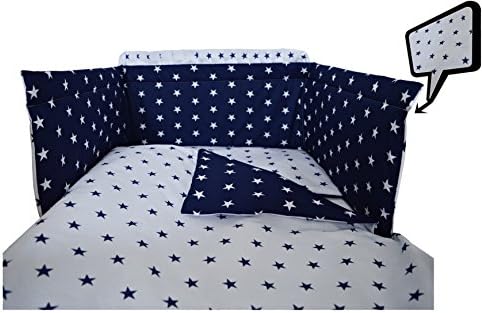 4 Piece Baby Bedding Set - inc. Duvet Cover + Pillow case + Bumper + Plain Fitted Sheet Super Soft 100% Cotton Oeko-Tex Tested fit COT 120X60 or COT BED140X70 (COT Bed 140X70, Navy Stars)