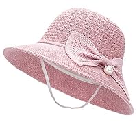 Slendima Outdoor Summer Foldable Wide Brim Sun Hat Bowknot Faux Pearl Beach Bucket Cap for Women Dark Pink