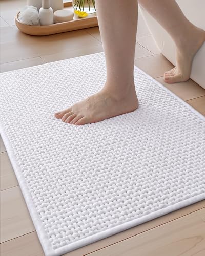 Color&Geometry White Chenille Bathroom Rugs 60x90 cm- Non Slip, Absorbent, Quick Dry, Washable Bathmat Fit Under Door, Thin Bath Mats for Washroom Floor, Woven Shower Mat Outside Shower