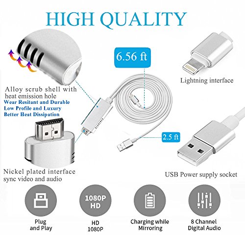 Lightning to Hdmi Adapter Iphone to HDTV Projector Monitor Digital Cable Convertor for iphoneX/8/7/6/5 Ipad Ipod 6.56ft 1080P Plug and Play(Material:Aluminum)