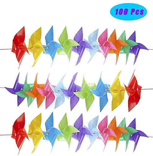 GeniusCells 9.5" Rainbow Plastic Wind Spinners Outdoor Hanging Yard Decorations Pinwheels Lawn Ornaments DIY Windmill Waterproof Patio Kinetic Art Garden Decor (Pack of 100)