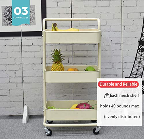 Iris'Home 3-Tier Metal Rolling Utility Cart with Handles, Art Storage Cart, Makeup Cart with Wheels, Lash Cart Organizer, Book Cart, Bathroom Cart, Beige - Thumbnail 4