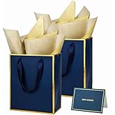 UoeRing 12 Pack Thank You Gift Bags with Handles 9.5x7.5x3.75 inch Gift Bags Medium Size Gift Bag with Tissue Paper and Card for Wedding Birthday Bridesmaid Holidays Mother's Day (Navy Blue)