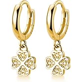 SLUYNZ 925 Sterling Silver CZ Clover Hoop Earrings Dangle for Women Teens Lucky Clover Leaf Huggie Earrings Flower Drop