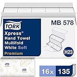 Tork Premium MB578 Soft Xpress Multifold Paper Hand Towel, 3-Panel, 2-Ply, 9.125" Width x 10.875" Length, White, 2,160 Towels, 135 per Pack (Pack of 16)