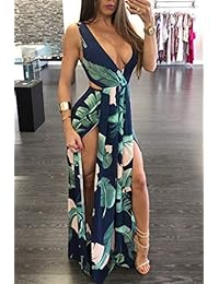 Vestido largo de playa con cuello en V y estampado floral, sin mangas, para mujer