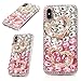 Mavis's Diary iPhone X Case, iPhone Xs Case, Full Edge Protective Plastic Case, 3D Handmade Crystal Clear Bling Pink and White Diamonds Shiny Rhinestone Double Heart Hard PC Cover for iPhone X/Xs
