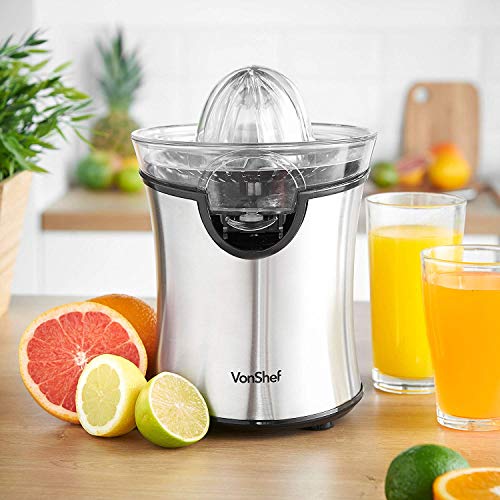 VonShef 220 240 Volt Citrus Fruit Juicer Machine 100W for Orange, Lemon, Lime Juice - Electric with Interchangeable Cone Attachments - Bundle With Dynastar Plug Adapter | (Not For USA)