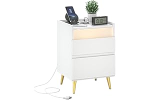 TJYGO LED Nightstand with Charging Station, Bedside Table with USB & Type-C Port, End Table with 2 Drawers for Bedroom Furniture, White