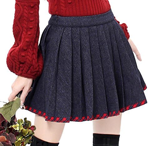 ZkCostume Women's Basic Woolen Blend Plaid Hemline Pleated Mini Skirt, Navy Large