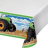 Creative Converting 318056 Festive Tractor Time Border Print Plastic Tablecover, 54" x 102", Multicolor
