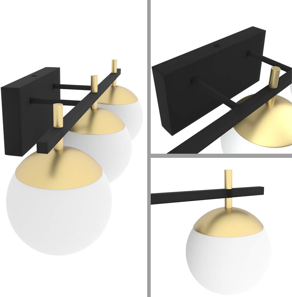 Ralbay Mid Century Modern Bathroom Vanity Lights 3-Light Milky Glass Modern Bathroom Vanity Lights Over Mirror, Black/Golden Wall Light Fixture for Bathroom (Exclude Bulb) - - 