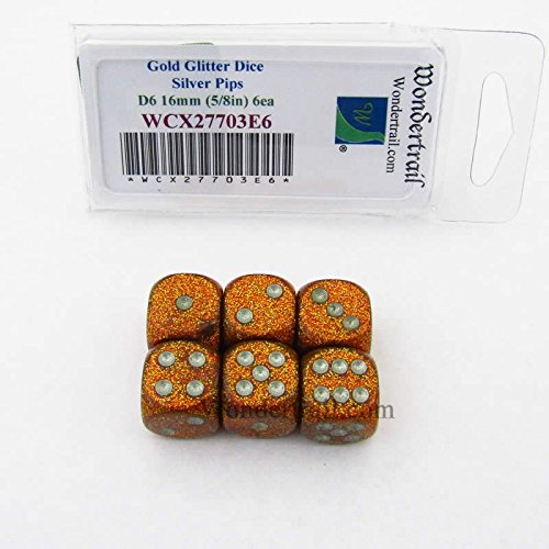 Gold Glitter Dice with Silver Pips 16mm (5/8in) D6 Set of 6 Wondertrail