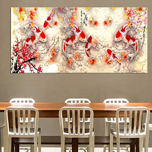 Wsxwga HD Print Chinese Abstract Nine Koi Fish Lotus Oil Painting on Canvas Poster Feng Shui Wall Art Picture For Living Room Home Decor 60 * 180cm