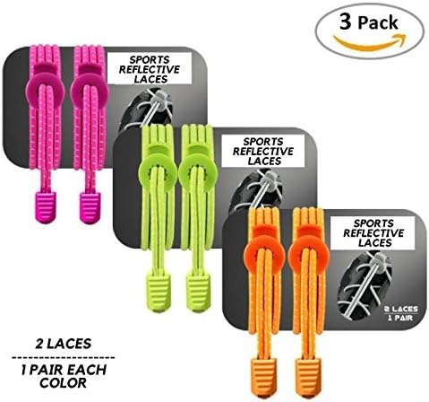 3 Pairs Elastic No Tie Reflective Shoelaces, Lock Shoelaces for Adult and Kids, Running, Climbing, Durable with No Tie Elastic System, Ideal for Sneakers and Boots (Rose Pink, Neon Green, Orange)