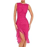 AXOSY Women's Midi Bodycon Dress Summer Sleeveless Ruffle Mermaid Dress Cocktail Party Tank Dresses for Wedding Guest