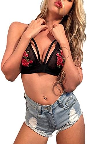 Women's Sexy Deep V Strappy Tulle Embroided Vest Lingerie Sheer Lace Bralette Cami Tops (M)
