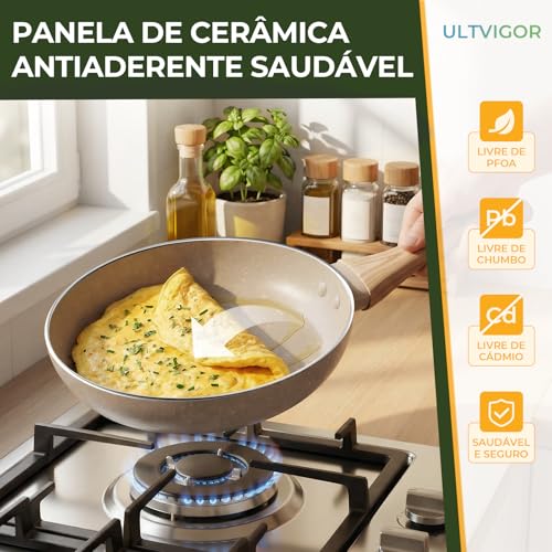 ULTVIGOR,Jogo de Panelas Cerâmica Antiaderente Indução 10 Peças, Compatível com Fogão de Indução, Gás e Elétrico, Cinza
