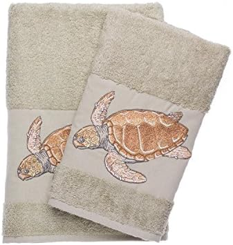 Turtle Embroidered Brown Bath and Hand Towel 100% Cotton Bathroom Set By Ebru (Brown)
