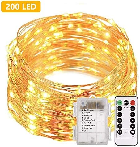 200LED Fairy String Light Battery Powered Warm White Copper Light with Remote Control 8 Mode Indoor Outdoor Waterproof String Lights for Christmas Tree Garden Wedding Party 66ft 20M