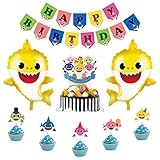 Baby Shark Party Supplies Pack Includes 1 Big Cake topper, 25 Cupcake toppers, 2 Shark Baby Balloons and 1 Shark Baby Happy Birthday Banner for Cake Decor, Baby Shower, 1st Birthday Decoration