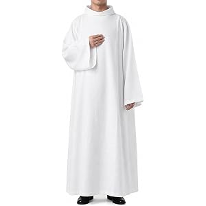 INUMZE Mens White ALB Clergy Robe Long Church Cassock Priest Vestment for Worship Choir Ceremony Halloween