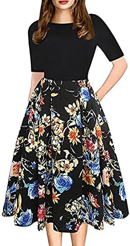Long Skirt Dresses, Elogoog Women's Vintage Floral Printed Patchwork Half Sleeve Casual Elegant A-Line Evening Party Dress