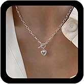 Allereyae Vintage Puffed Heart Necklace Small Heart Chain Necklace Silver Paperclip Choker Paperclip Link Toggle Clasp Chain Choker Jewelry for Women