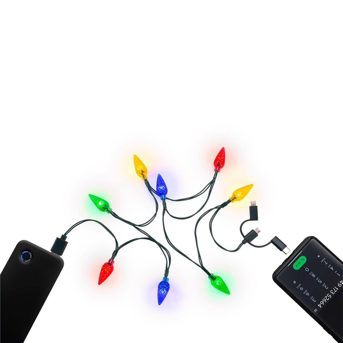 goobay 60339 USB Charging Cable/USB-C + Micro USB + iPhone/Charging Cable with Fairy Lights / 8 Different LEDs