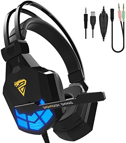 Over-ear Headphones, Lightweight PC Gaming Headsets with Deep Bass, Microphone, Volume Control, Auto-Fit Headband &amp; LED light by KWORLD(Black)