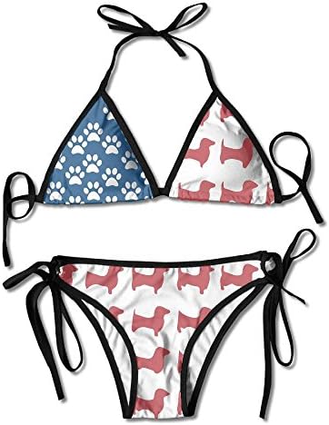Fashion Sexy Womens Dachshund Dog American Flag Printing Bikini Set Adjustable Bathing Suits