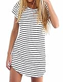 Women Short Sleeve Shift Monochrome Stripe Dress Shirt Mini Dress Top