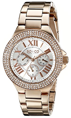 SO&CO New York Women's 5019.4 Madison Day and Date Crystal-Accented Rose-Tone Stainless Steel Link Bracelet Watch