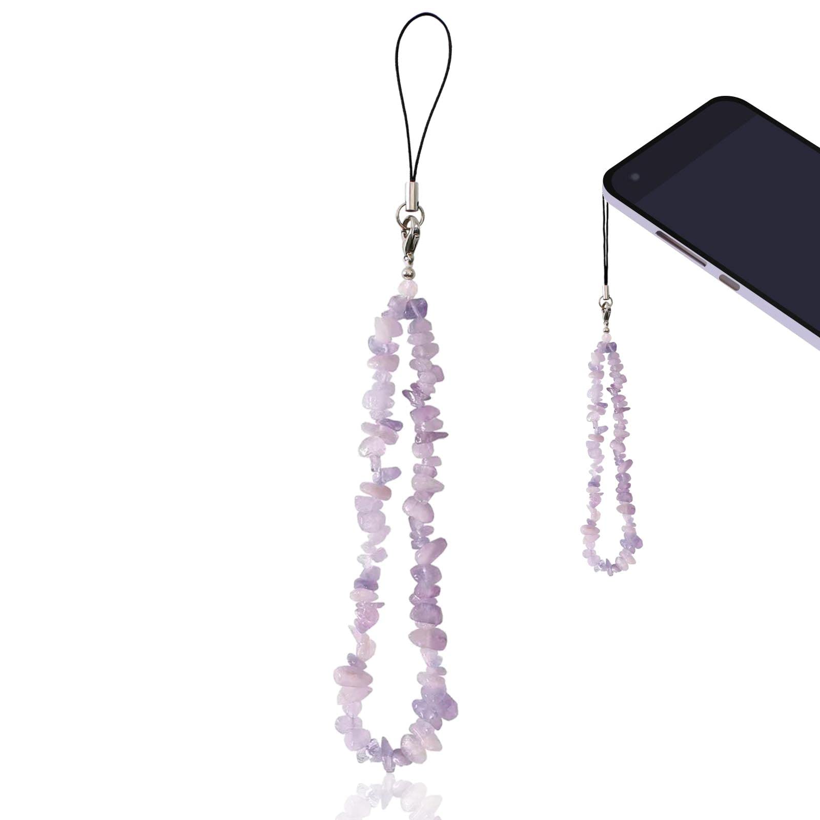 1 Pcs Beaded Charm, Crystal Wrist Strap, Lanyard Wrist Strap, Natural Gemstone Charm, Anti-Lost Handmade Crystal Phone Chain Keychain (Purple)