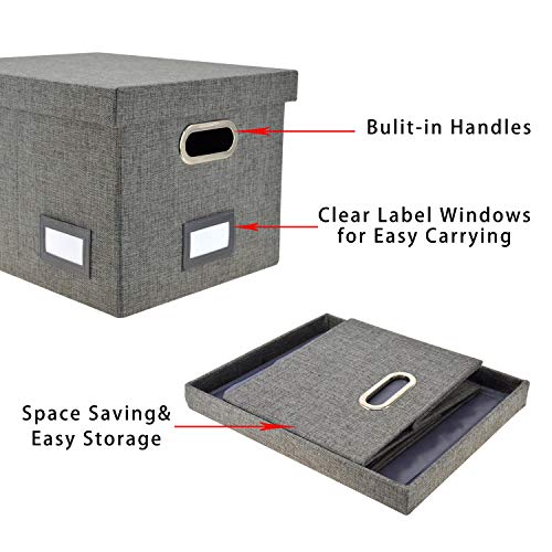 File Storage Organizer Box, 2 Pcs Collapsible Linen Office Filling Boxes for Letters Legal Files and Hanging File Folders