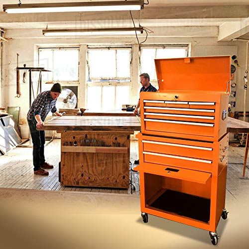 Big Removable Tool Chest, Rolling Tool Chests with Wheels (2PCS Lockable) and Drawers, Top Tray and Bottom Cabinet Door with Keyed Locking System, for Garage, Warehouse, and Workshop, etc(Orange) - Thumbnail 5