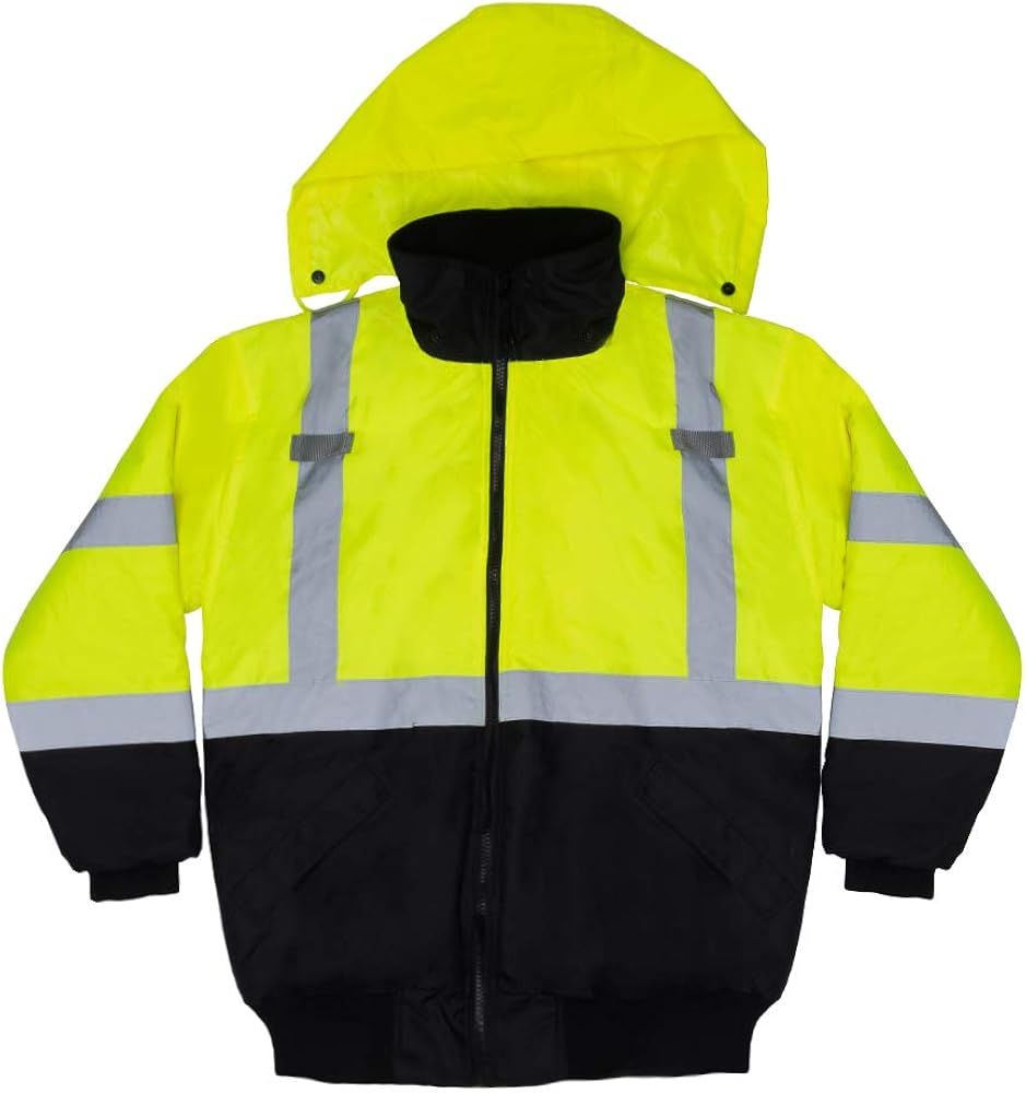 VENDACE Men's ANSI Class 3 High Vis Safety Reflective Bomber Jacket Hoodie Waterproof with Detachable Hood: Clothing