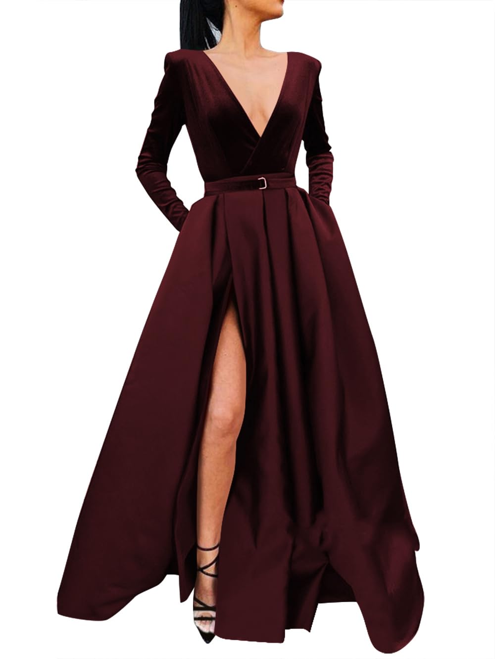 Photo 1 of Miao Duo Burgundy Pleats Velvet Prom Dresses for Women with Pockets Long Sleeve Formal Maxi Dress with Slit Burgundy 12