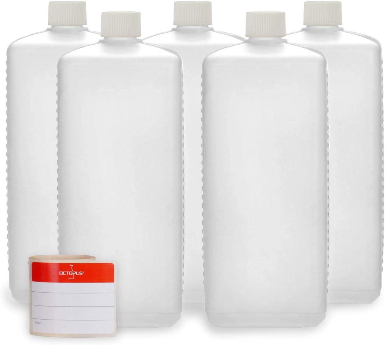 Octopus 5 x 1000ml HDPE Plastic Bottles with White Screw Caps, Heavy Duty Square Storage Containers with 5 Adhesive Labels
