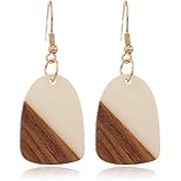 Retro Wooden Resin Geometric Bar Drop Dangle Earrings Two Tone Handmade Natural Wood for Women Lightweight Bohemian Statement Jewelry
