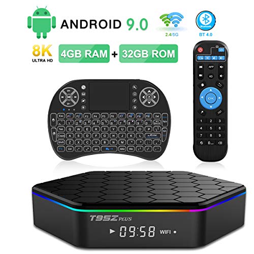 Android 9.0 TV Box, T95Z Plus Amlogic S905X3 Quad-Core Cortex-A53 CPU 4GB RAM 32GB ROM 2.4GHz/5GHz Dual Band WiFi 8K 4K Ultra HD Resolution Bluetooth 4.0 with Backlit Mini Wireless Keyboard