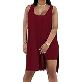 BeadChica Women's Plus Size 2 Piece Outfits Sleeveless Tunic Tops and Bodycon Shorts Tracksuit Sets-Wine Red-S