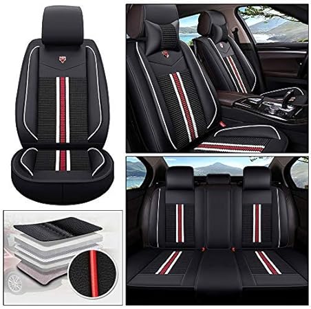 Amazon ラグジュアリーシートカバー 防水puレザーフルシートカバー マツダ For Mazda デミオ に適した5シートスカートラップタイプ シートカバー 黒赤 シートカバー 車 バイク