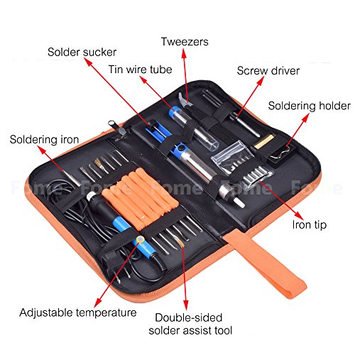 Soldering Iron Kit, FOME 60W 110V Adjustable Temperature Electric Soldering Iron Kit with Welding Tool and Accessories Tweezers Iron Tips Double-sided Solder Assist Tools and PU Carrying Bag