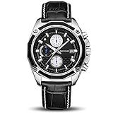 MEGIR Men Business Analog Chronograph Luminous Quartz Wrist Watches with Fashion Casual Black Leather Strap Sport & Work Gift for Pilot Runner Racer (2015 Black)